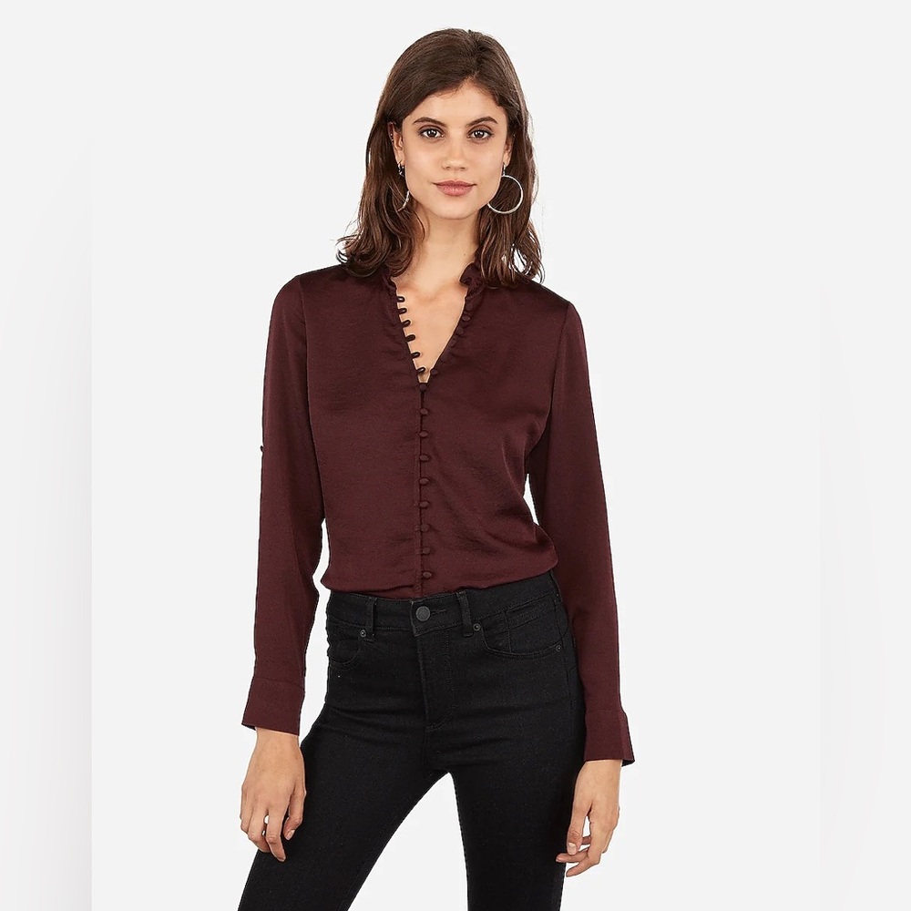 Express Slim Ruffle Covered Button Portofino Shirt in Cabernet- NEW WITH TAGS